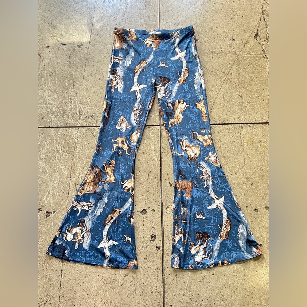 💚 2869. Blue Astrology Print Flared Pants